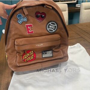 Michael Kors Tan Leather Men's Backpack with Patch Accents
